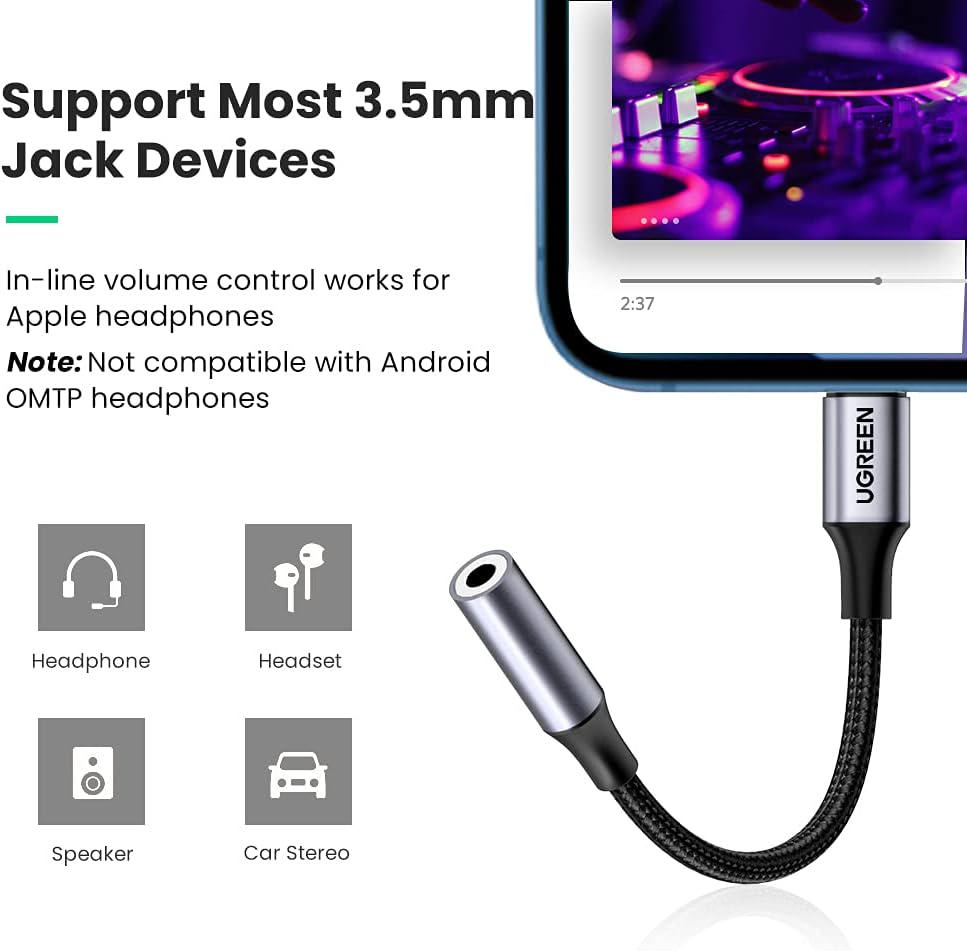 UGREEN Lightning to 3.5mm Headphone Adapter for iPhone, MFi Certified, Grey - Compatible with iPhone 14 Pro Max/14 Plus/13/12/11 Pro Max/SE/XS, Durable Aluminum Shell