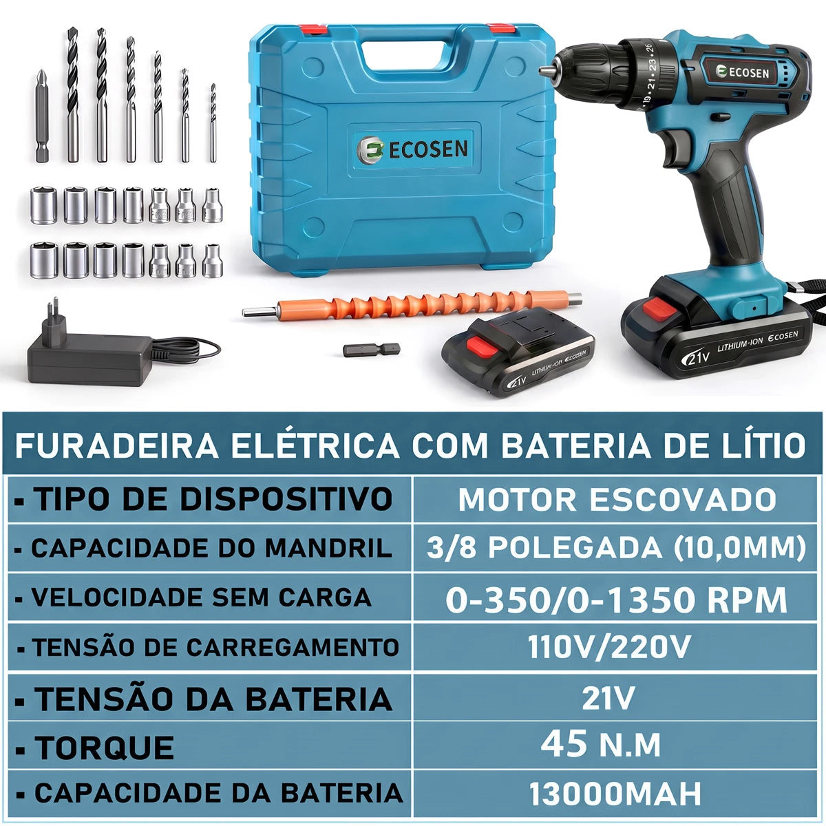Furadeira e Parafusadeira de Impacto 3 em 1 21V | 2 Baterias de 6500mAh | Kit Completo com 28 Acessórios | Carregador Bivolt