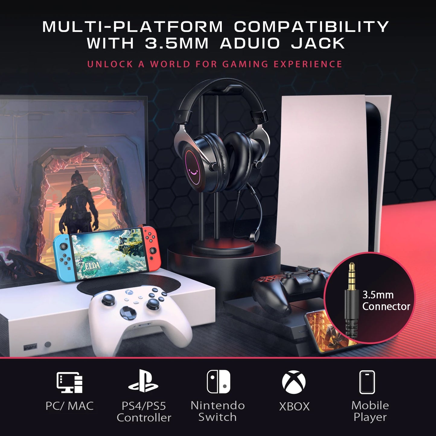 Headset Gamer FIFINE com Som Estéreo/Microfone Destacável/RGB/Controle na Linha, Fone Over-Ear para PC PS4 PS5 Xbox - AMPLIGAME H3