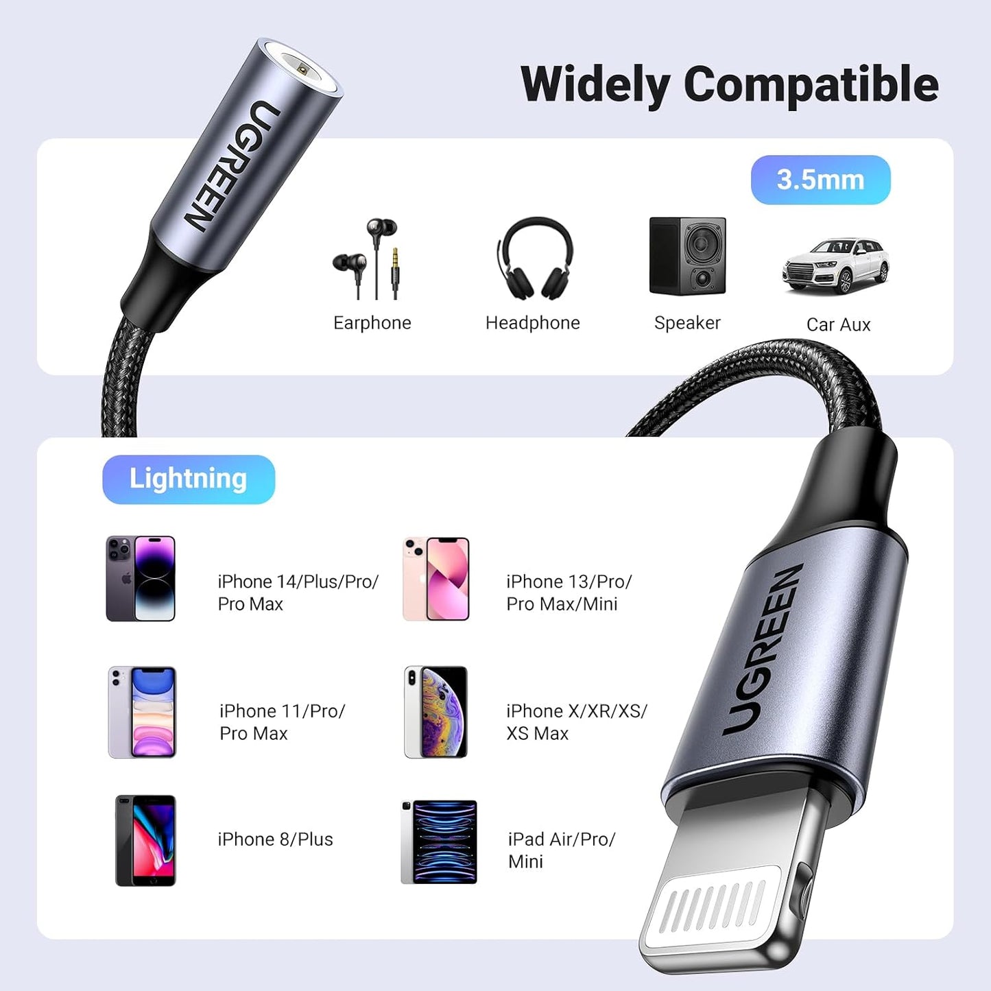 UGREEN Lightning to 3.5mm Headphone Adapter for iPhone, MFi Certified, Grey - Compatible with iPhone 14 Pro Max/14 Plus/13/12/11 Pro Max/SE/XS, Durable Aluminum Shell
