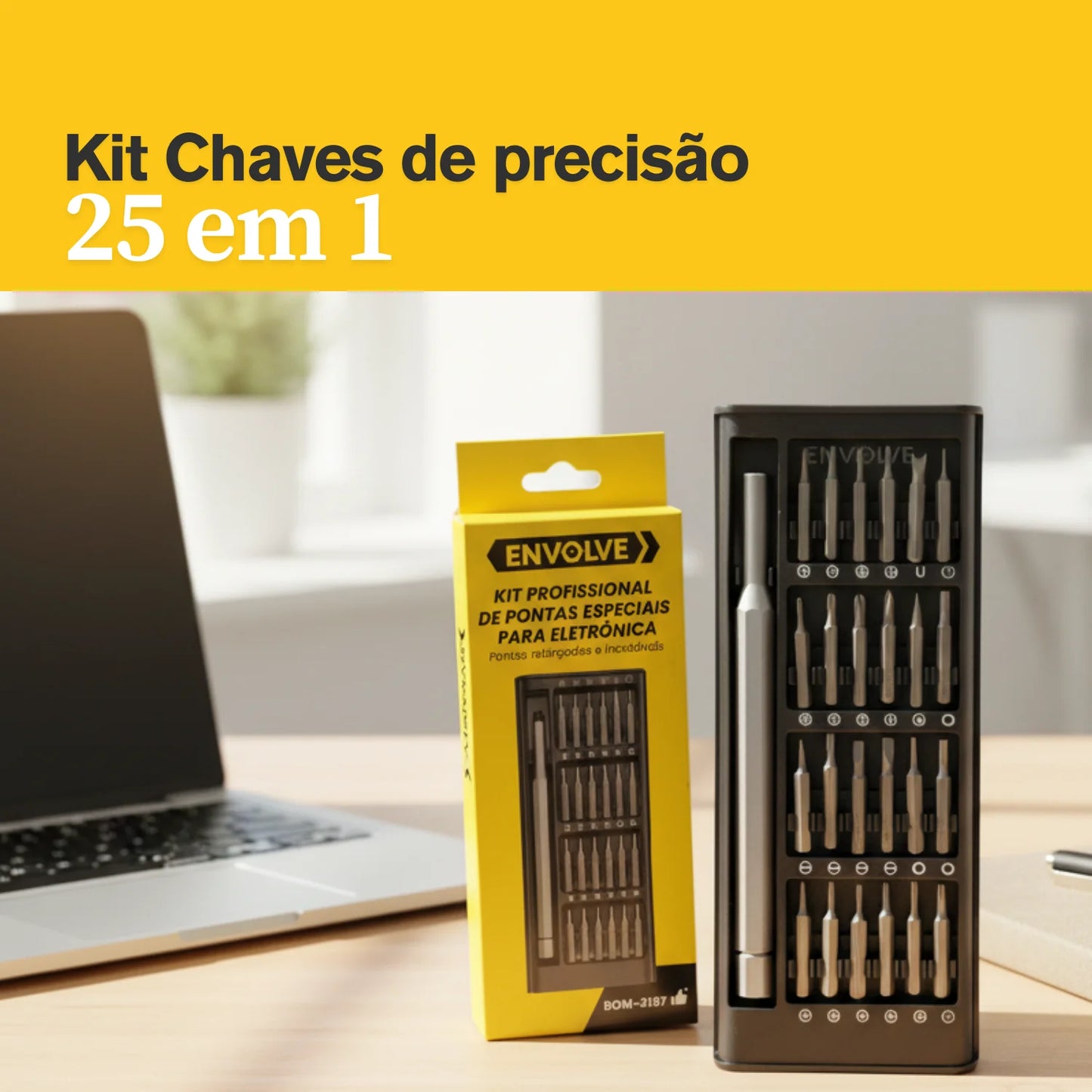 Kit de Ferramentas de Precisão Magnéticas com 24 Peças para Reparo de Games e Eletrônicos + Chave Caneta em Liga de Alumínio com Estojo Organizador Preto