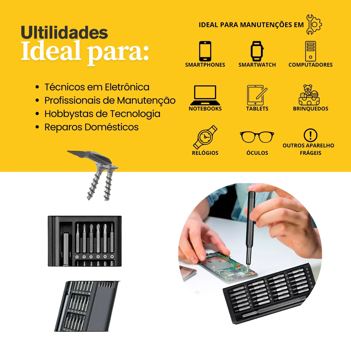 Kit de Ferramentas de Precisão Magnéticas com 24 Peças para Reparo de Games e Eletrônicos + Chave Caneta em Liga de Alumínio com Estojo Organizador Preto