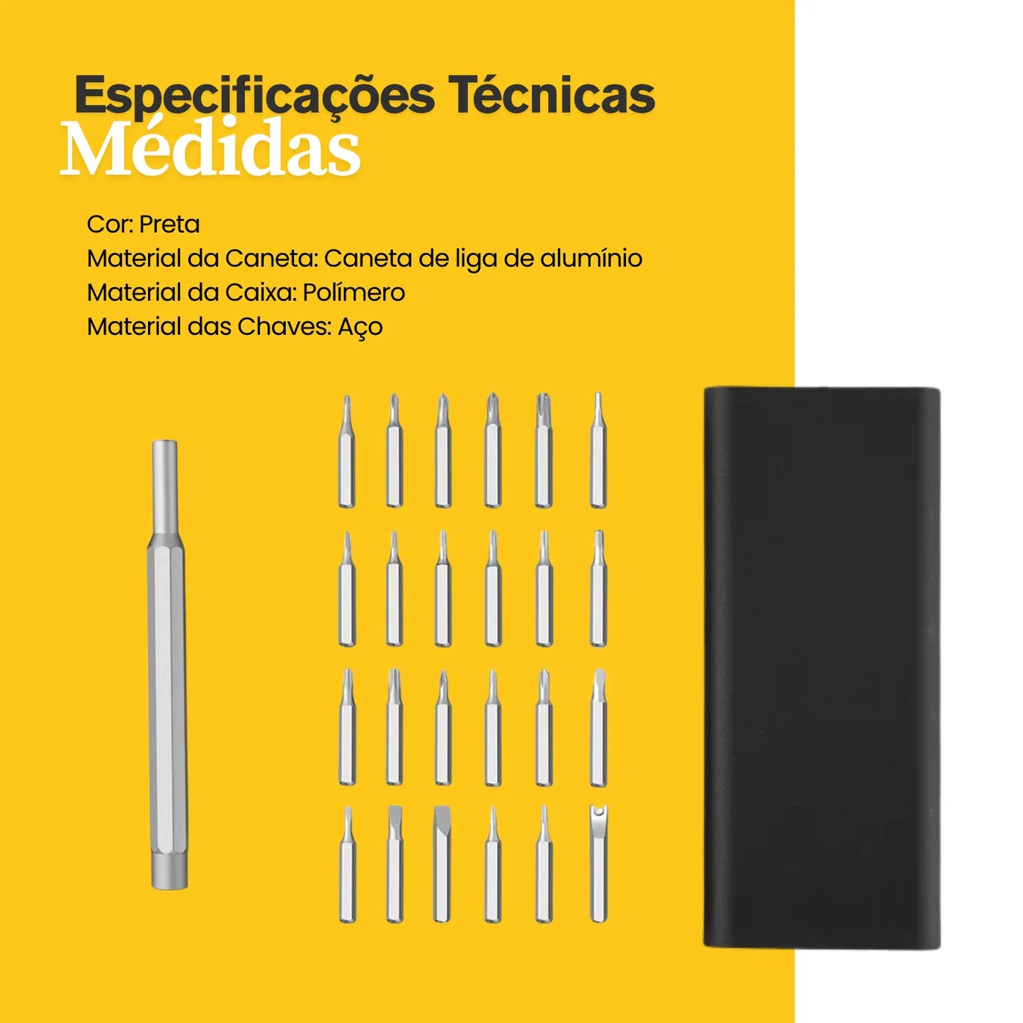 Kit de Ferramentas de Precisão Magnéticas com 24 Peças para Reparo de Games e Eletrônicos + Chave Caneta em Liga de Alumínio com Estojo Organizador Preto