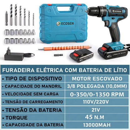 Furadeira e Parafusadeira de Impacto 3 em 1 21V | 2 Baterias de 6500mAh | Kit Completo com 28 Acessórios | Carregador Bivolt