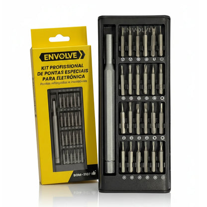 Kit de Ferramentas de Precisão Magnéticas com 24 Peças para Reparo de Games e Eletrônicos + Chave Caneta em Liga de Alumínio com Estojo Organizador Preto