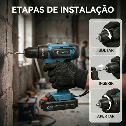 Furadeira e Parafusadeira de Impacto 3 em 1 21V | 2 Baterias de 6500mAh | Kit Completo com 28 Acessórios | Carregador Bivolt