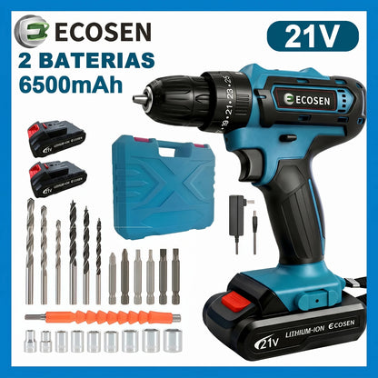 Furadeira e Parafusadeira de Impacto 3 em 1 21V | 2 Baterias de 6500mAh | Kit Completo com 28 Acessórios | Carregador Bivolt