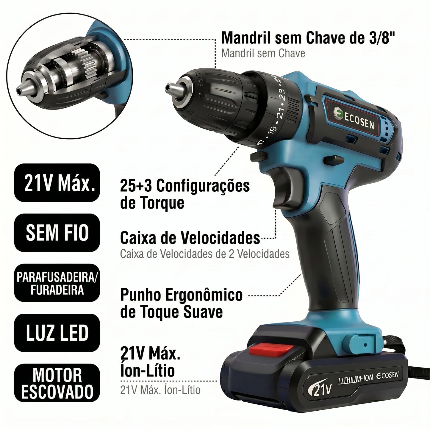 Furadeira e Parafusadeira de Impacto 3 em 1 21V | 2 Baterias de 6500mAh | Kit Completo com 28 Acessórios | Carregador Bivolt