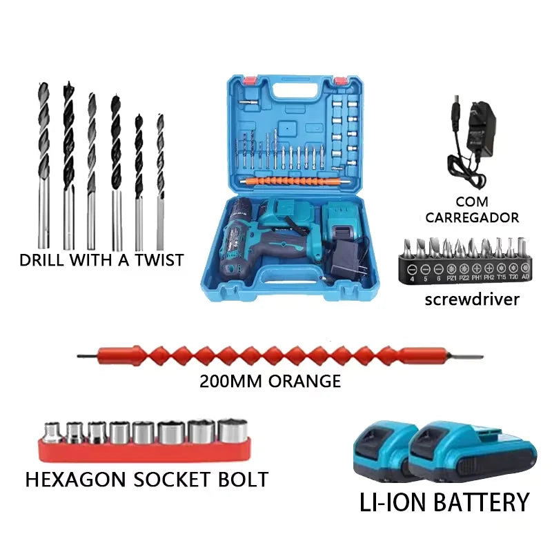 Furadeira e Parafusadeira de Impacto 3 em 1 21V | 2 Baterias de 6500mAh | Kit Completo com 28 Acessórios | Carregador Bivolt