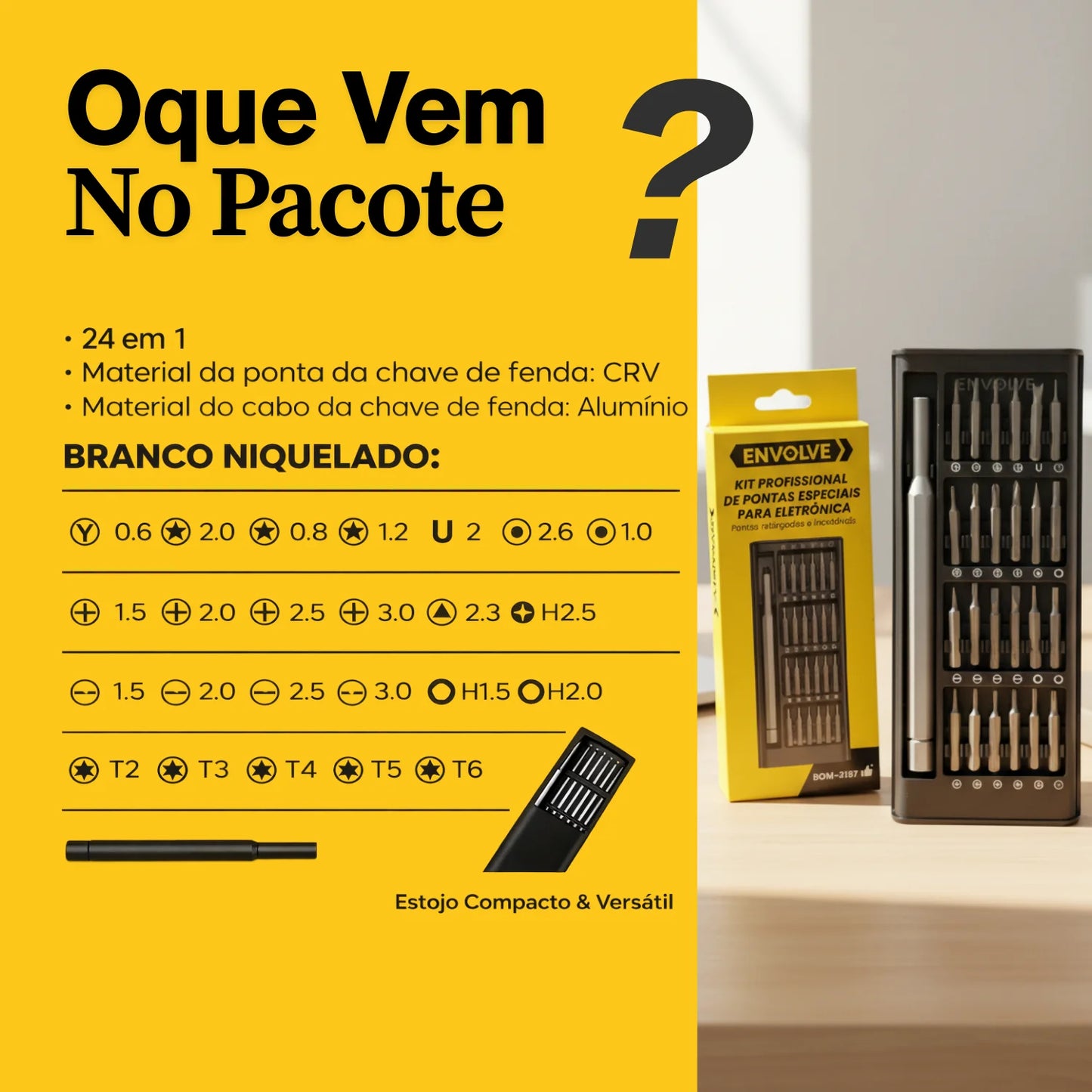 Kit de Ferramentas de Precisão Magnéticas com 24 Peças para Reparo de Games e Eletrônicos + Chave Caneta em Liga de Alumínio com Estojo Organizador Preto