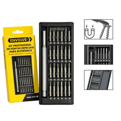 Kit de Ferramentas de Precisão Magnéticas com 24 Peças para Reparo de Games e Eletrônicos + Chave Caneta em Liga de Alumínio com Estojo Organizador Preto