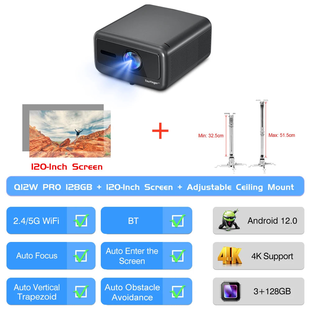 Projetor Touyinger Q12W Pro 2800 ANSI Lumens | Full HD | Compatível com 4K | Wi-Fi | Bluetooth | Smart | Tela Dupla | Home Theater