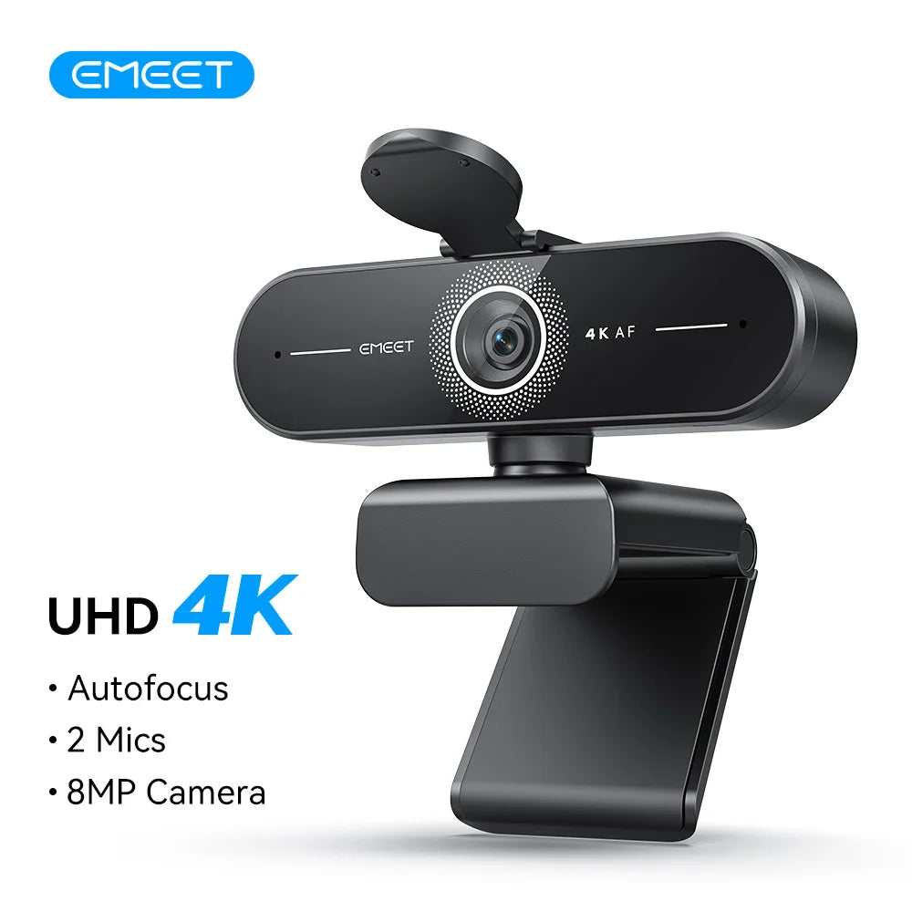 Webcam EMEET 4K/1080P com Foco Automático PDAF | Microfone Duplo com Redução de Ruído | Ideal para Home Office, Zoom, Teams e Streaming