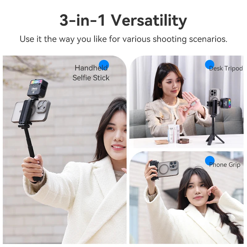 Tripé Ulanzi JJ02 com Controle Remoto 3 em 1 Versátil, Bastão de Selfie e Suporte para Celular, Filmagem Vertical e Horizontal com Suportes de Sapata Fria