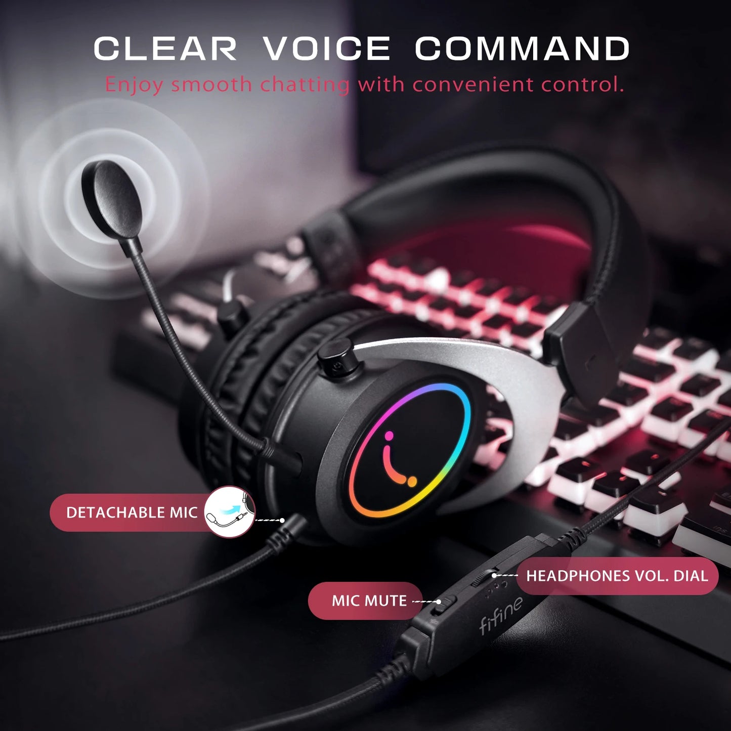 Headset Gamer FIFINE com Som Estéreo/Microfone Destacável/RGB/Controle na Linha, Fone Over-Ear para PC PS4 PS5 Xbox - AMPLIGAME H3