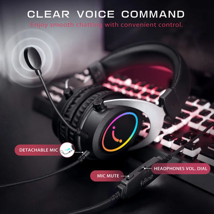 Headset Gamer FIFINE com Som Estéreo/Microfone Destacável/RGB/Controle na Linha, Fone Over-Ear para PC PS4 PS5 Xbox - AMPLIGAME H3