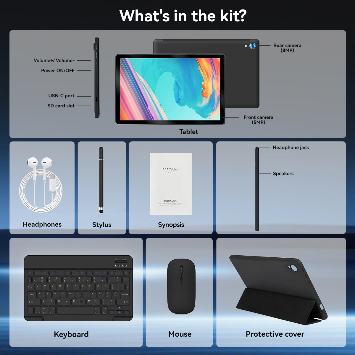 Tablet URAO 10 Polegadas Android 15, 8 Núcleos, 24GB+128GB, Expansão até 1TB, WiFi6, Câmeras 5MP+8MP, com Caneta, Teclado, Mouse, Fone de Ouvido - Kit PC PAD