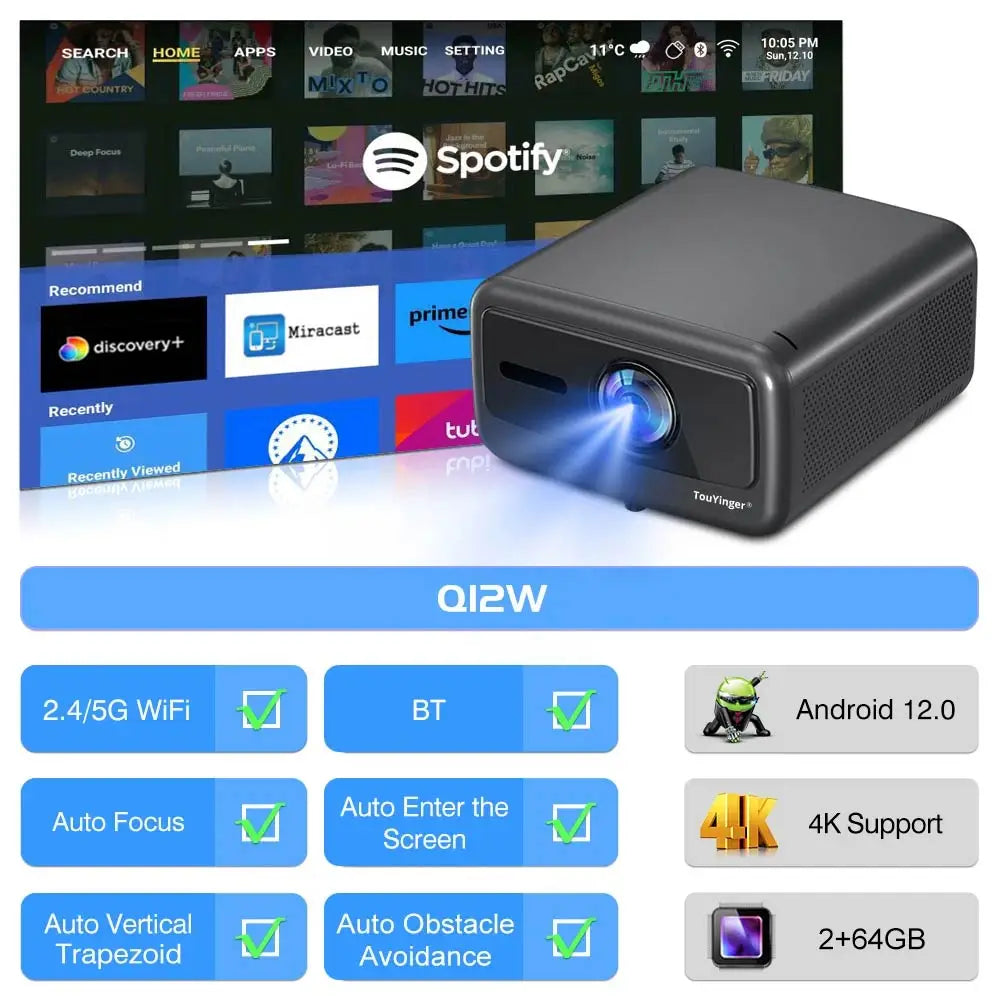 Projetor Touyinger Q12W Pro 2800 ANSI Lumens | Full HD | Compatível com 4K | Wi-Fi | Bluetooth | Smart | Tela Dupla | Home Theater
