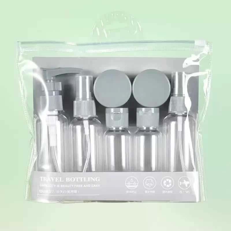 Kit de Frascos de Viagem 7 Peças para Cosméticos | Necessaire com Frascos Reutilizáveis para Shampoo, Creme, Perfume e Skincare