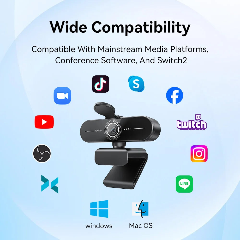 Webcam EMEET 4K/1080P com Foco Automático PDAF | Microfone Duplo com Redução de Ruído | Ideal para Home Office, Zoom, Teams e Streaming
