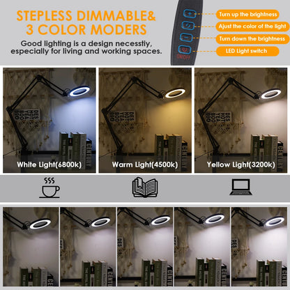 Lupa de Mesa com LED e Braço Dobrável | 3 Modos de Luz | Perfeita para Estética e Trabalhos de Precisão